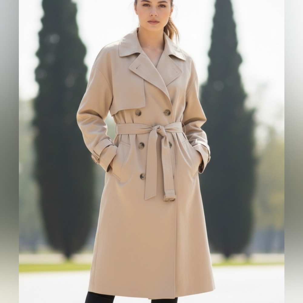 NWT Badgley💝Mischka DOUBLE BREASTED Classic Tan Trench Coat Sz L